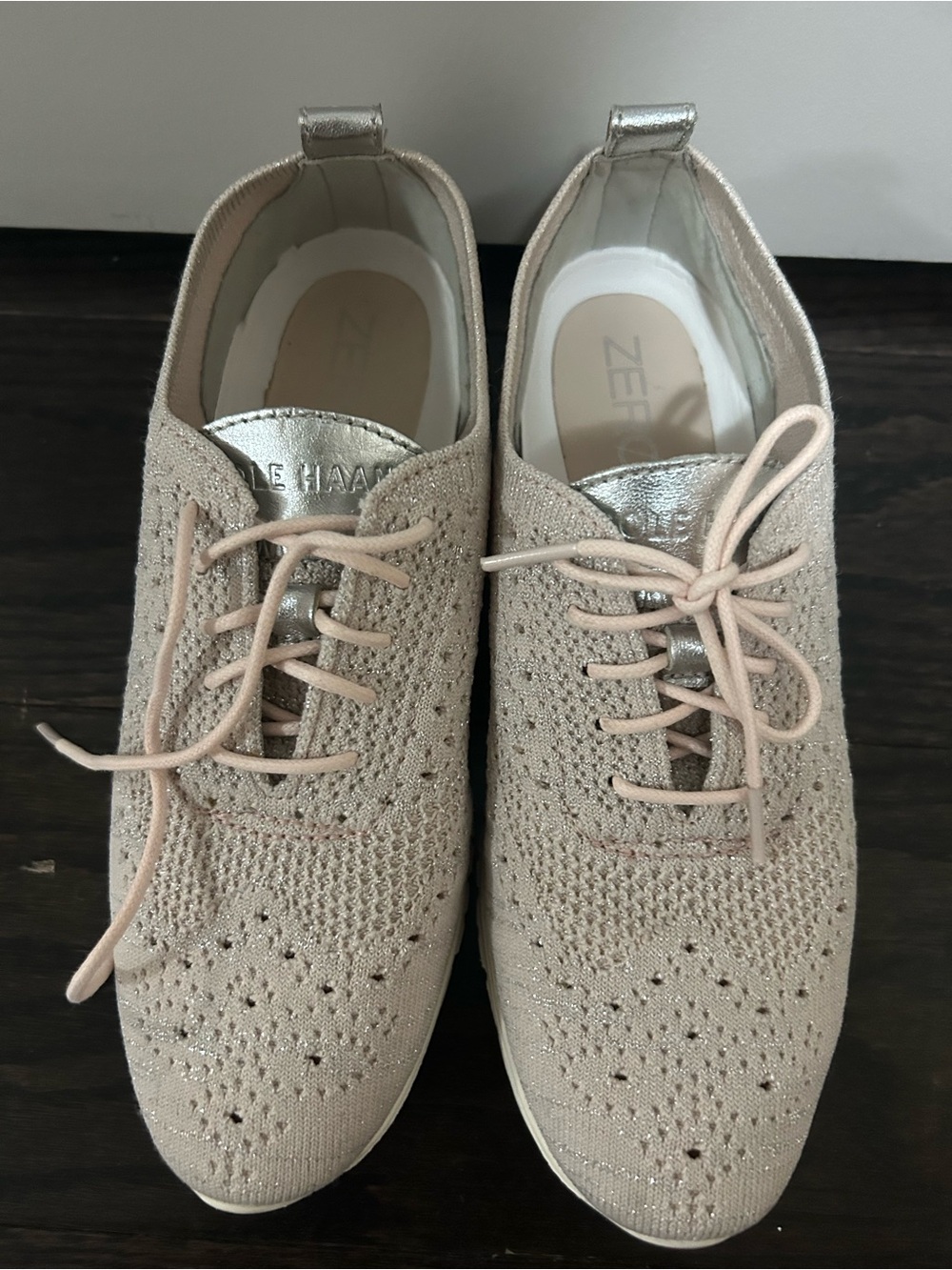 Cole Haan ZEROGRAND Stitchlite Knit Wingtip Oxfords Pink Metallic Silver 7B⁠